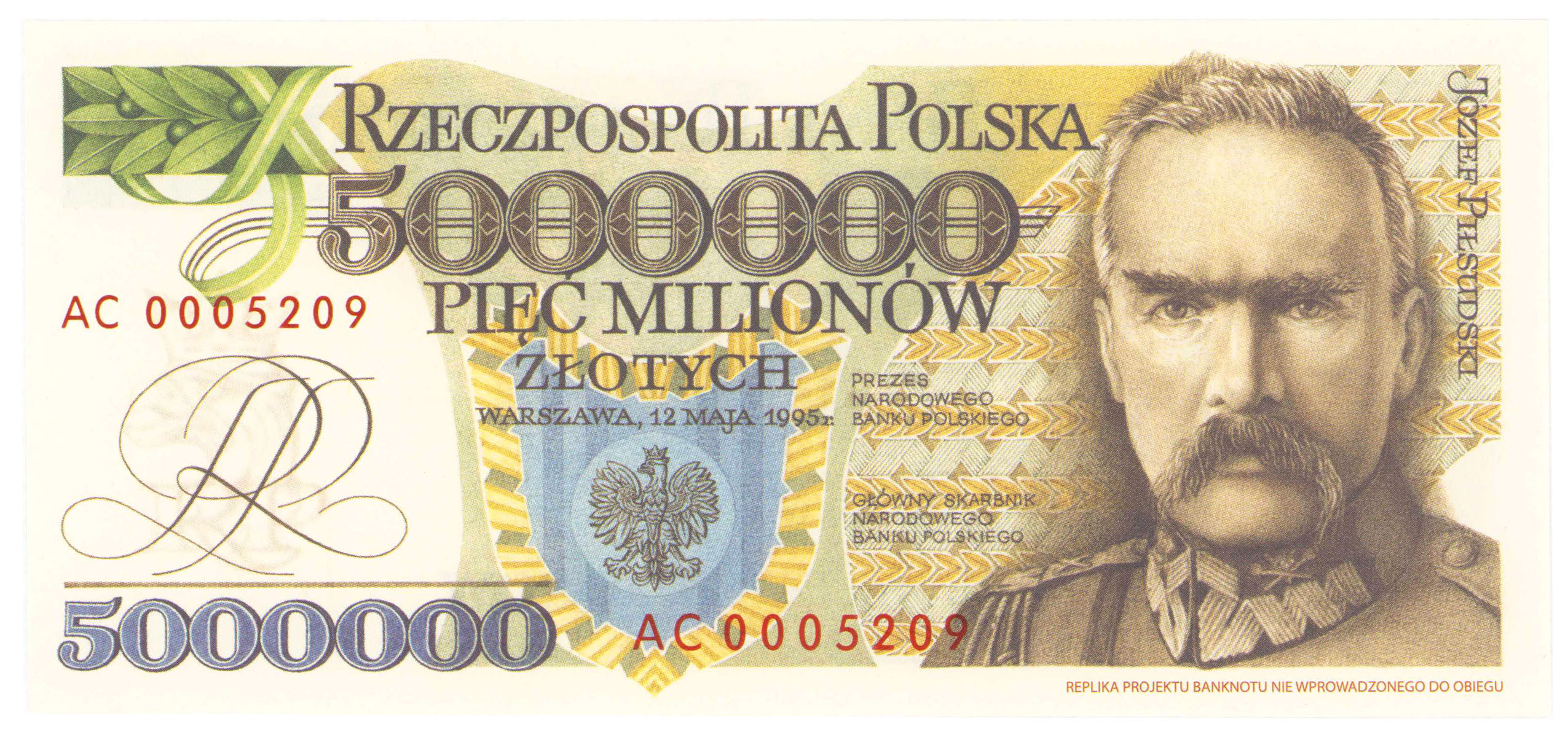 5.000.000 złotych 1995,Józef Piłsudski - REPLIKA PROJEKTU
